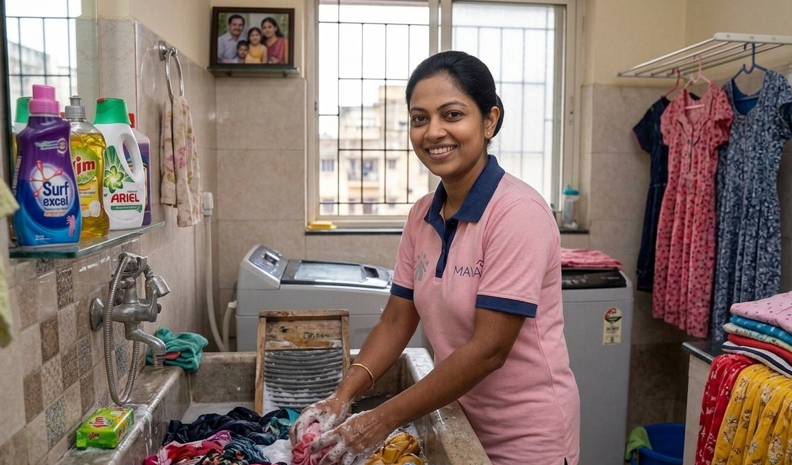 Maya helper hand-washing laundry at a home sink