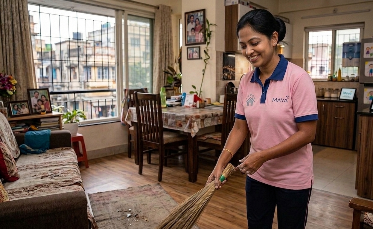 Maya helper sweeping the living room floor